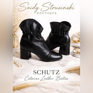 Schutz Catarine Black Leather Ruffled Ankle Booties Block Heel Size 8B